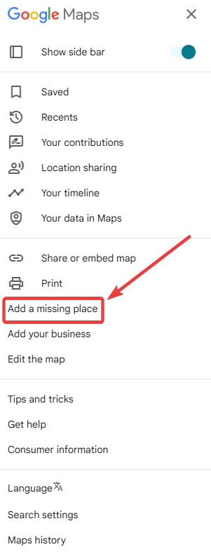 "Add a missing place" option on a Google Maps Entry